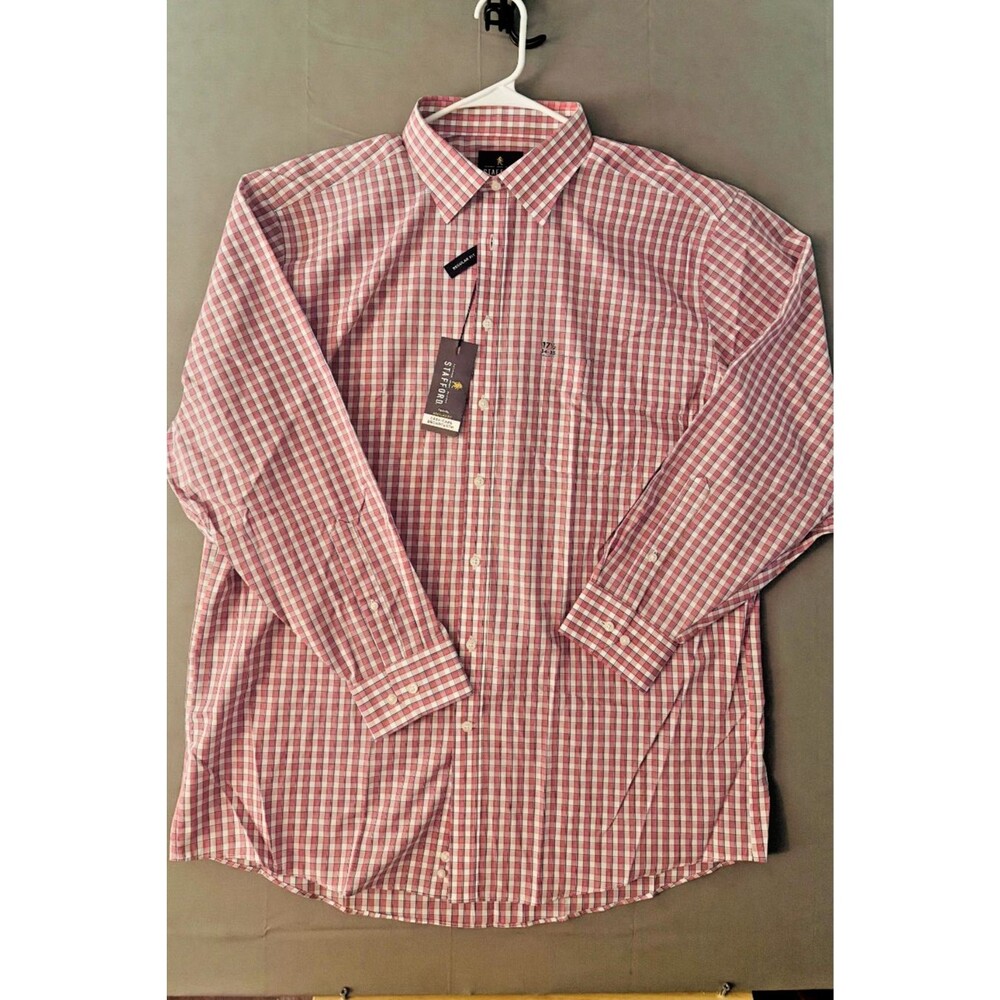Men's Stafford Travel Red/Pink Button Down Easy Care Broadcloth Regular Fit NWT